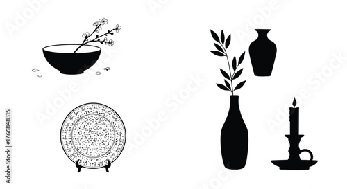 Black silhouettes of vases plate candle and floral arrangements shown