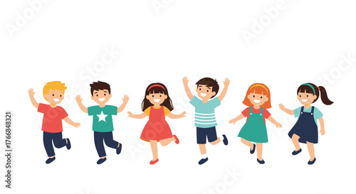 A cheerful illustration of six diverse children jumping and dancing, exuding happiness and energy.