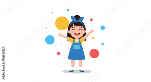 Joyful young girl with arms outstretched in a playful pose surrounded by colorful bubbles.