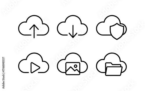Cloud icons: upload, download, security, media, image, and folder line art