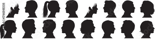Silhouettes of diverse human head profiles, black illustration, hairstyle variety, facial shapes, character design, identity concept, side view, minimal style