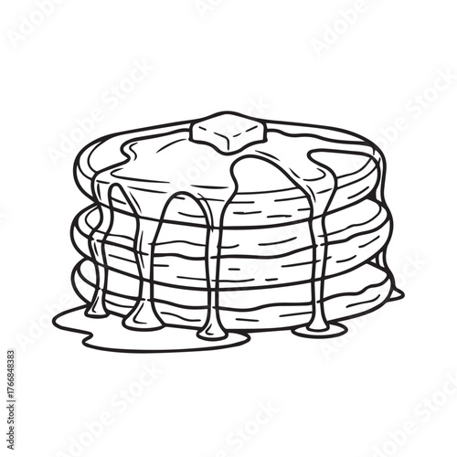 Hand-drawn illustration of a stack of delicious pancakes with melting butter and syrup, perfect for breakfast or brunch themes