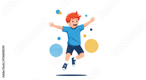 A cheerful young boy with red hair jumps happily with arms outstretched, surrounded by colorful abstract circles, on a clean white background.