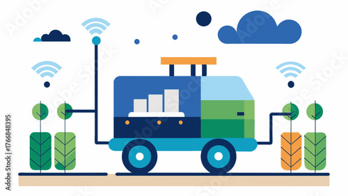 A mobile irrigation unit equipped with AI technology able to analyze soil conditions and adjust water usage while moving through different fields.. Vector illustration