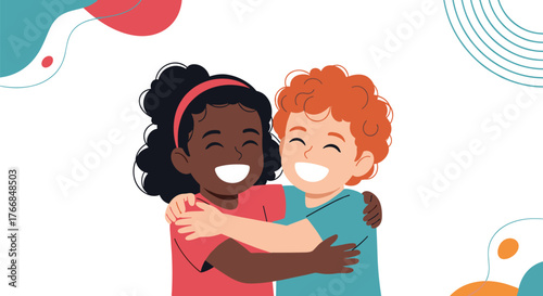 Two happy children of diverse ethnicities embracing each other warmly, symbolizing friendship and unity.