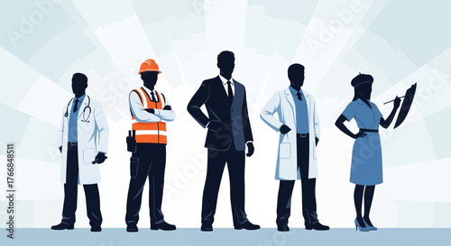 Diverse Professional Silhouettes – United Workforce Illustration with Radiating Background