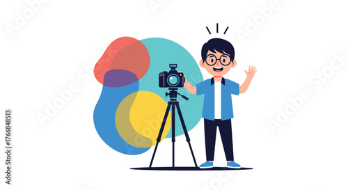 Enthusiastic young photographer with a camera on a tripod waving, standing in front of colorful abstract shapes, ready to capture memories.