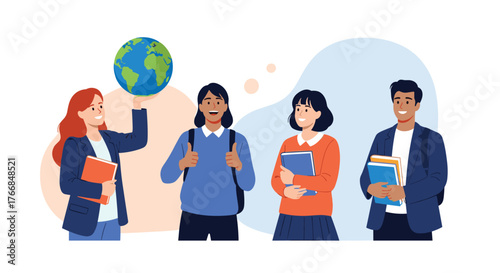 Diverse group of happy students and a mentor holding a globe, representing global education and learning opportunities.