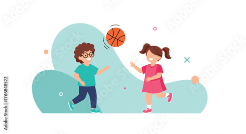 Two children playing basketball together, having fun and enjoying an outdoor activity during the day.