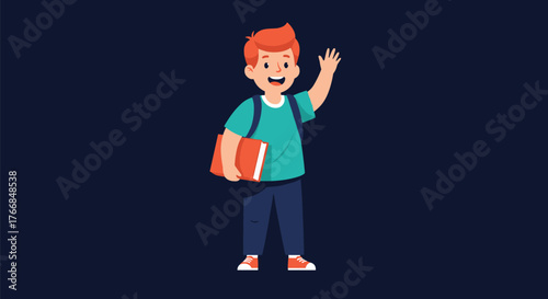 A cheerful cartoon boy with red hair, holding a book and wearing a backpack, waves hello.