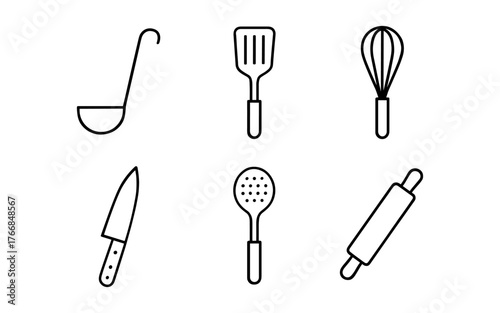 Minimalist kitchen utensils set: essential cooking tools in black line art