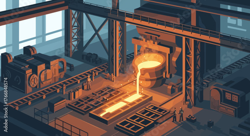 Molten Metal Pouring in Steel Foundry – Industrial Manufacturing Scene with Workers and Machinery