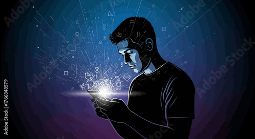 Digital Immersion Illustration – Person Engaged with Smartphone and Radiating Tech Icons