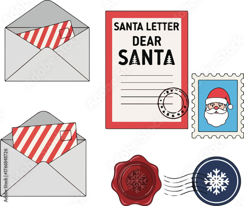 Flat vector illustration of a Christmas icon set featuring letters to Santa, envelopes, a stamp, and a wax seal on a clean white background.
