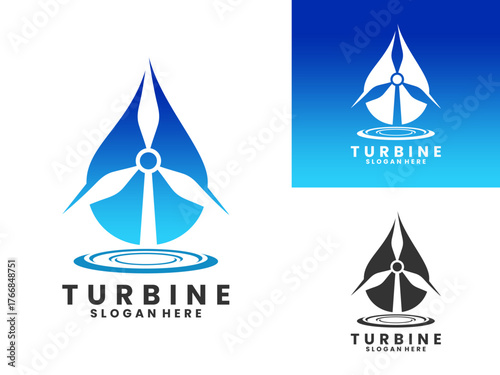 Turbine combination with falling water logo design vector template. Windmill energy logo design icon