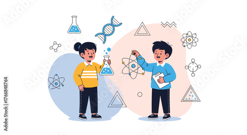 Children exploring science, with atoms, molecules, DNA, and lab equipment, illustrating a learning concept in education.