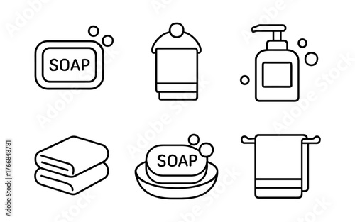 Linear icons of bathroom accessories including soap dispensers and towels