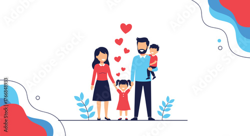 A loving family of four stands together, showing unity and happiness with heart symbols floating above them and decorative elements.