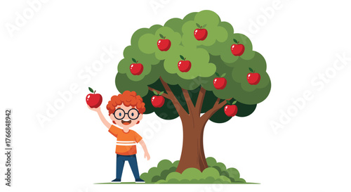 A cheerful cartoon boy with glasses holds a freshly picked red apple while standing next to a bountiful apple tree full of fruit and green leaves.