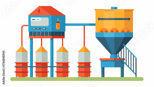 A highcapacity feeder designed to dispense different types of feed for different stages of growth all controlled by a central automated system.. Vector illustration