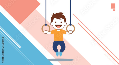 Cartoon illustration of a child on gymnastic rings, an adorable representation of childhood fitness and joyful activity.