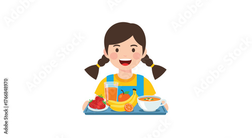 A young girl happily holding a tray of healthy foods, promoting a balanced diet and well-being.