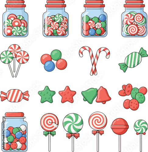 Flat vector illustration of a colorful Christmas icon set featuring various candies and sweets on a white background.