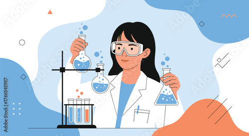 A dedicated female scientist conducting chemical experiments with various laboratory equipment and colorful solutions.