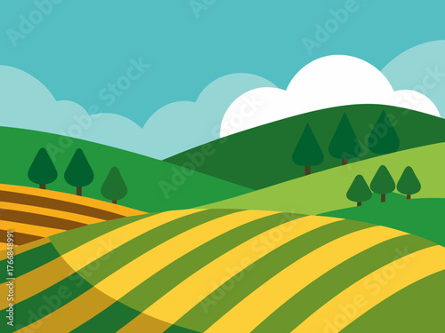 Scenic farmland landscape with rolling hills and fields under a bright blue sky