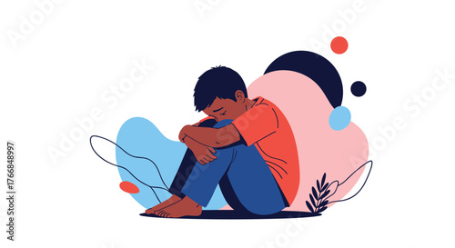 Illustration of a young boy sitting with his knees pulled to his chest, appearing sad or withdrawn.