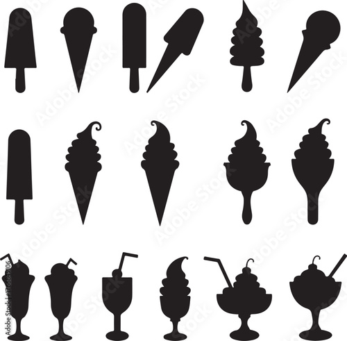 Black silhouette collection of various ice cream desserts and drinks