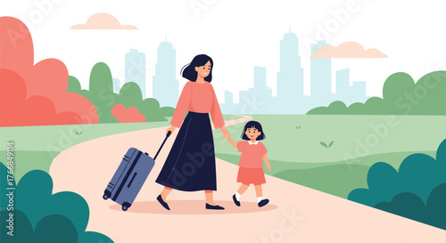 Mother and daughter walk hand-in-hand on a path through a park, with the mother pulling a suitcase and a city skyline in the background.