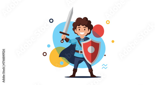 A happy cartoon boy dressed as a brave knight or warrior stands ready for adventure, holding a sword and shield with a confident smile.
