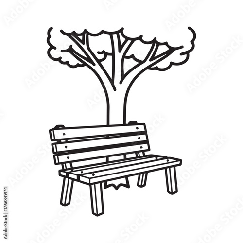 A simple black and white line drawing of a wooden park bench situated beneath the shade of a tree, offering a serene outdoor seating option