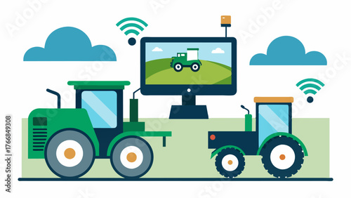 A live feed from cameras installed on tractors giving farmers remote access to monitor their equipments movements and operations from anywhere.. Vector illustration