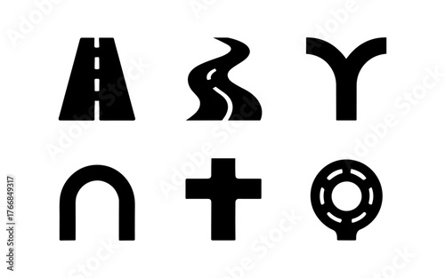 Minimalist road signs collection: curves, turns, and roundabouts in simple black icons