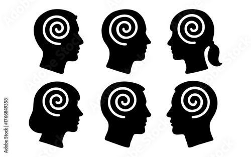 Silhouette heads with spiral brains in minimalist style