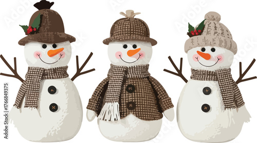 Three cheerful snowmen wearing hats and scarves in a flat vector illustration against a clean white background for Christmas.