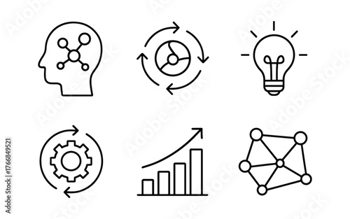 Minimalist line icons for brainstorming, innovation, and progress representation