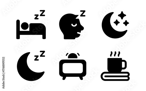 Nighttime icons: sleep, relaxation, and dream symbols in black silhouette design
