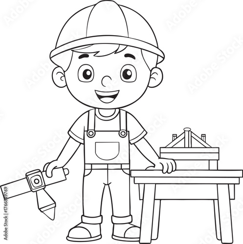 Joyful child builder character with workbench and tools ready for learning and construction fun