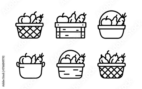Outline icons of baskets with fruits and vegetables