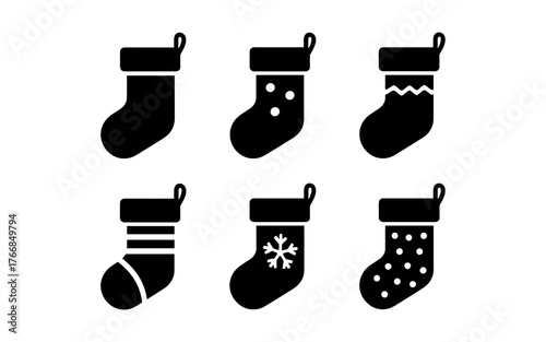 Set of six festive christmas stocking silhouettes with various patterns