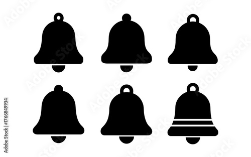 Simple black silhouette icons of bells in various shapes for minimalist design