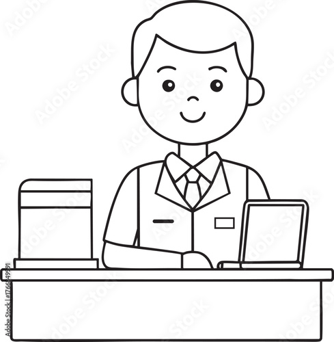 Friendly professional man illustration working on laptop and documents ready to help clients