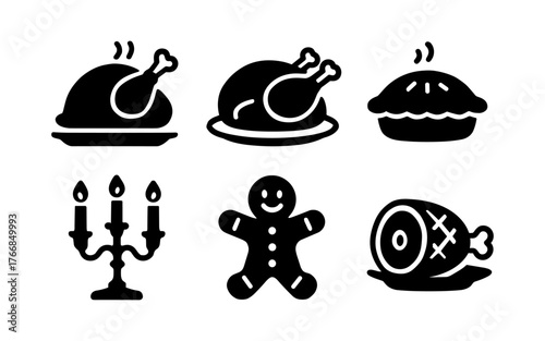 Festive holiday feast icons: roast turkey, pie, and more in black silhouette style