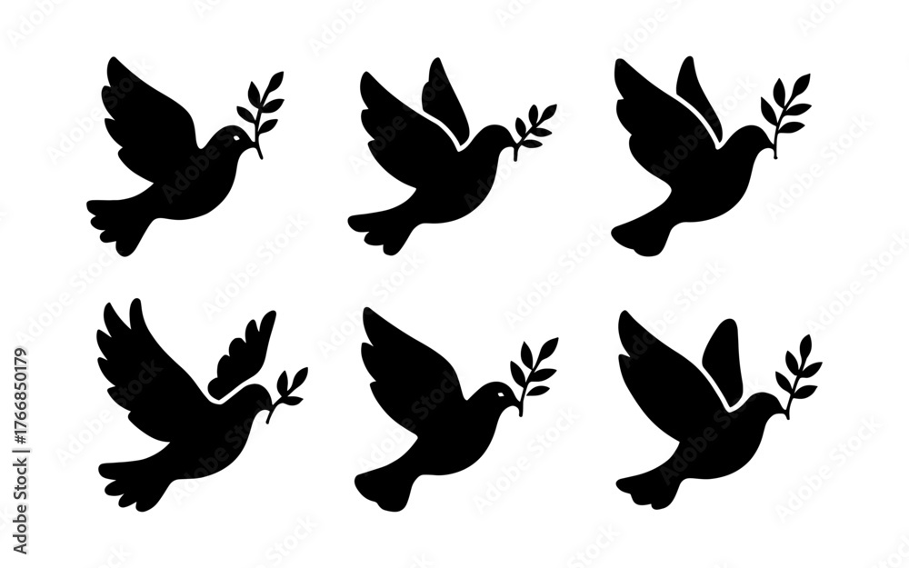 Fototapeta premium Silhouette doves holding olive branches collection for peace and unity themes