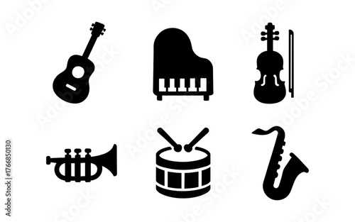 Silhouette musical instrument icons: guitar, piano, violin, horn, drum, saxophone