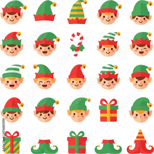 A flat vector illustration of a Christmas icon set featuring elf faces, hats, and gifts on a white background.