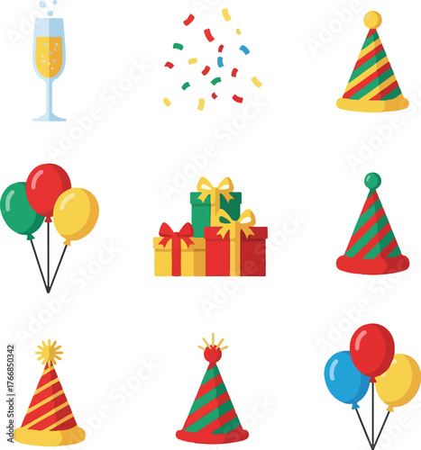 Flat vector illustration of a colorful Christmas icon set featuring party hats, balloons, gifts, and champagne against a clean white background.